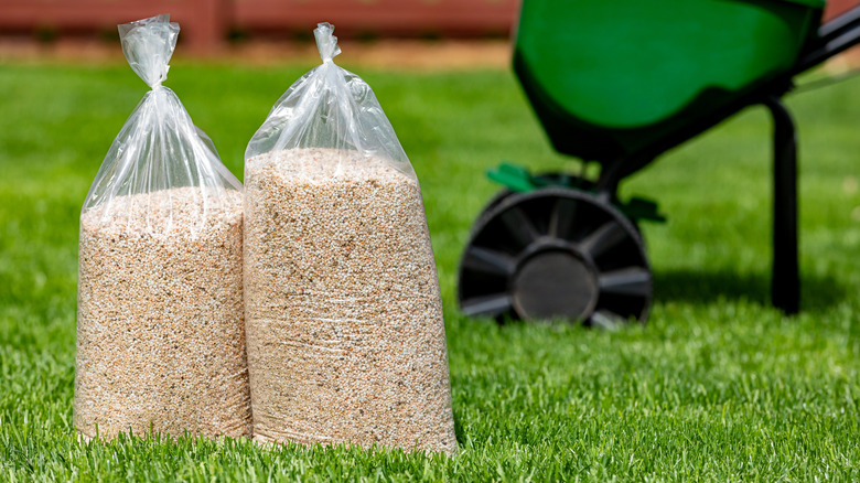 Two bags of lawn fertilizer on freshly mown lawn