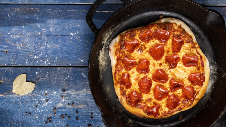 Cast iron pepperoni pizza