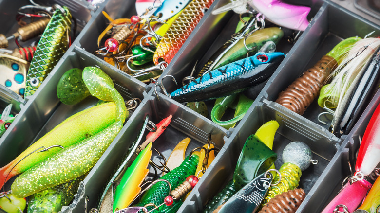 Many fishing lures organized, up close