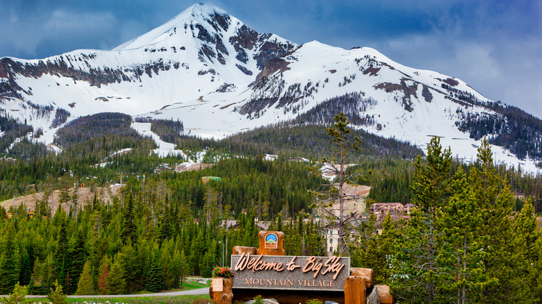 Big Sky mountain and village, with welcome sign