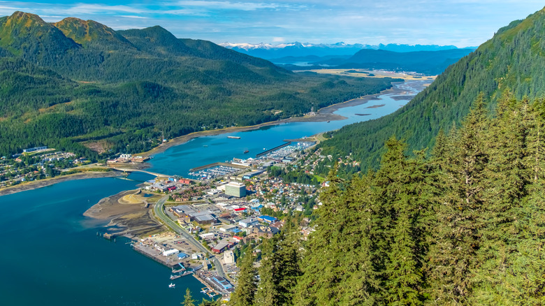 Skyward view of Juneau and surrounding mountains 