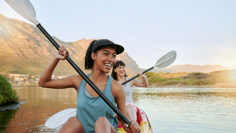 Two women in an open kayak