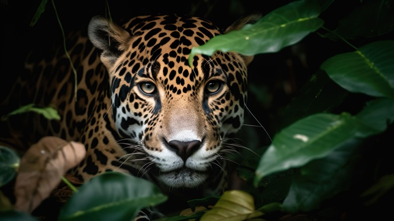 Face of jaguar between leaves