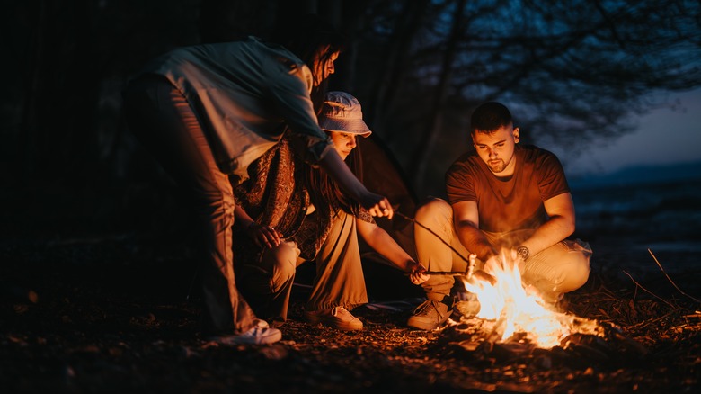 Campers around campfire at night