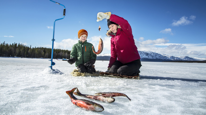 Mother and son ice fishing together, pulling out fish