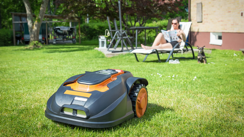 Robot lawn mower works while someone reads 