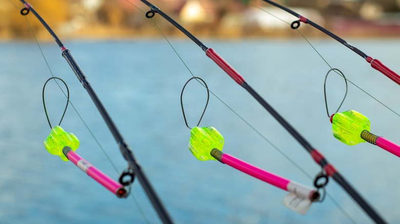 Lures hanging on rod guides 