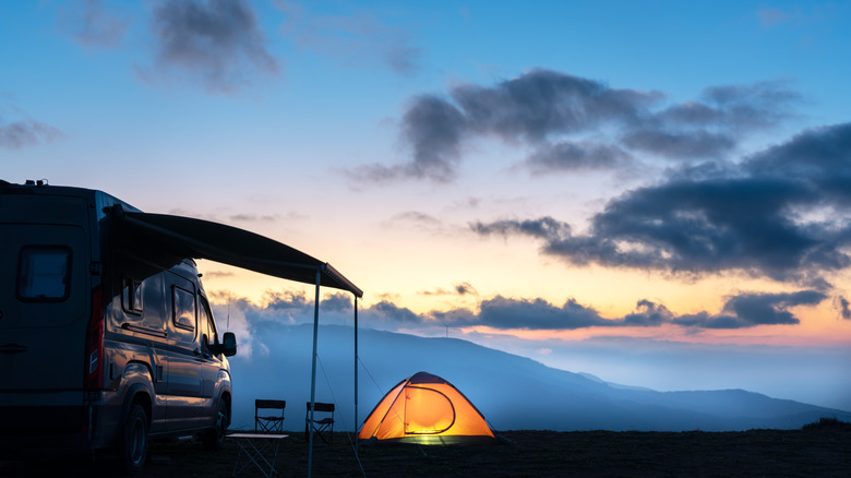 Campsite with RV at dusk