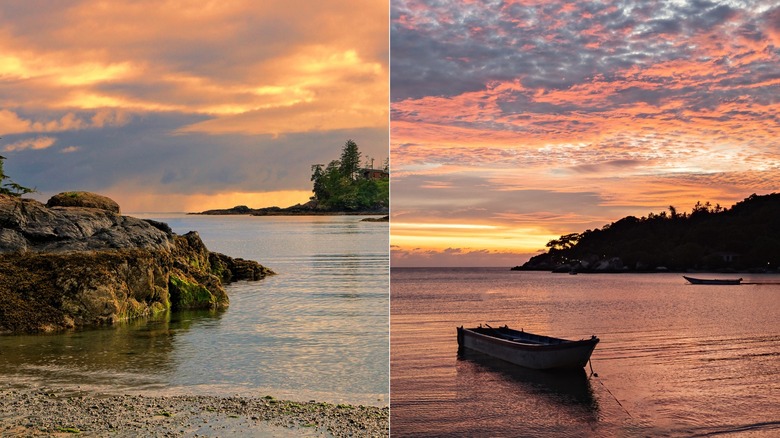 Side-by-side of sunset on beach at Pacific Rim National Park vs, Koh Samui in Thailand