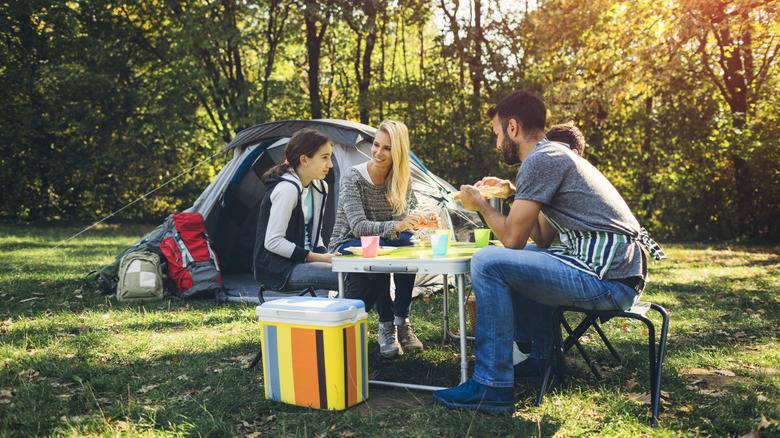 Family eating meal at campsite