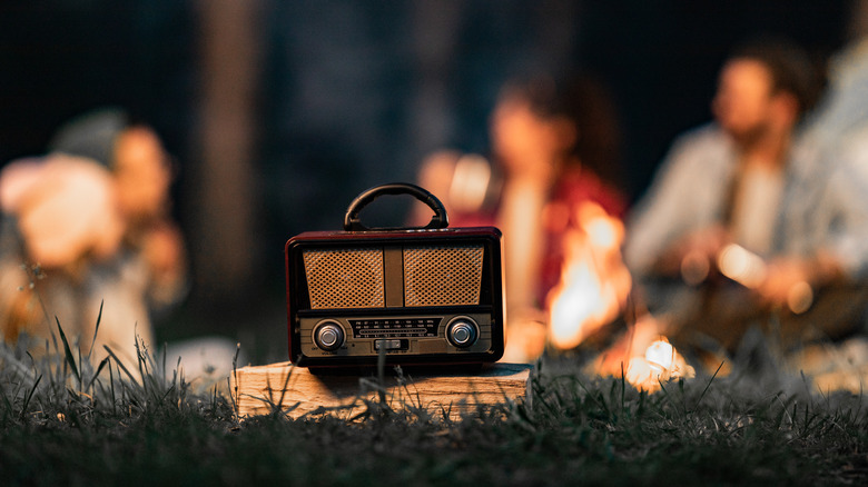 Vintage radio at a campsite