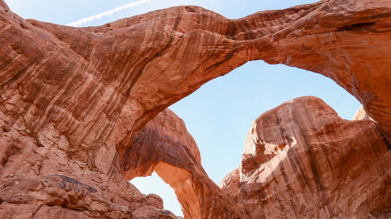 Arches National Park, view looking up at natural stone formations