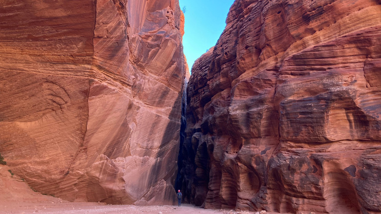 Hiker in the middle of Buckskin Gulch slot canyon