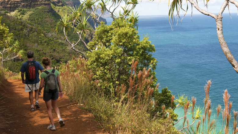 Hikers on Kalalau Trail, walking next to ocean views