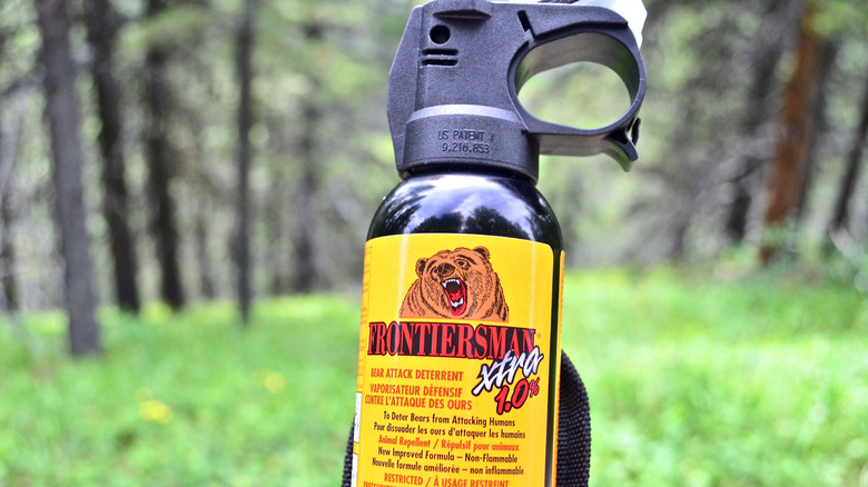 Bear spray close-up with woods in background