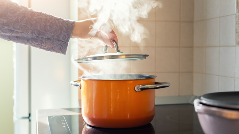 Steaming hot water in an orange pot