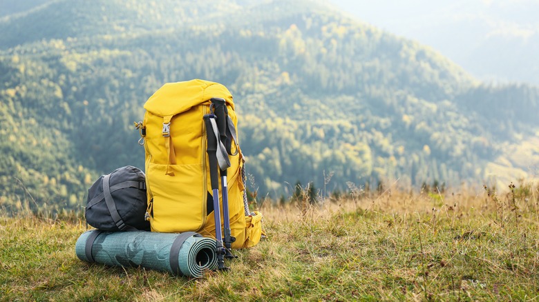 Backpacking gear on mountain top
