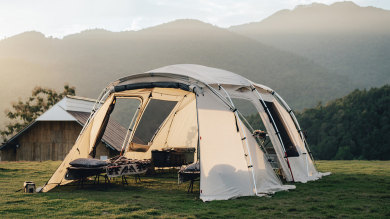 Camping tent set up in field