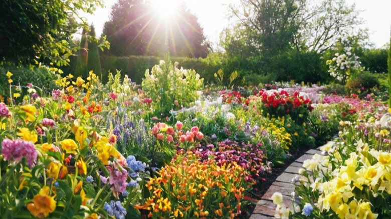 A garden full of colorful flowers on a sunny day