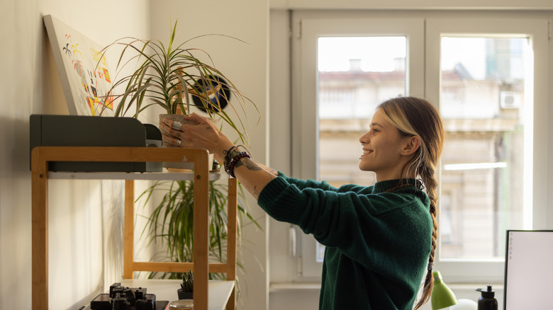 Smiling woman tending to her spider plant