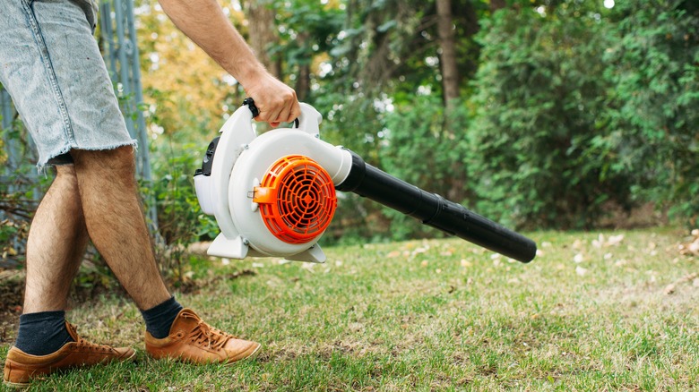 man using a leaf blower in a garden