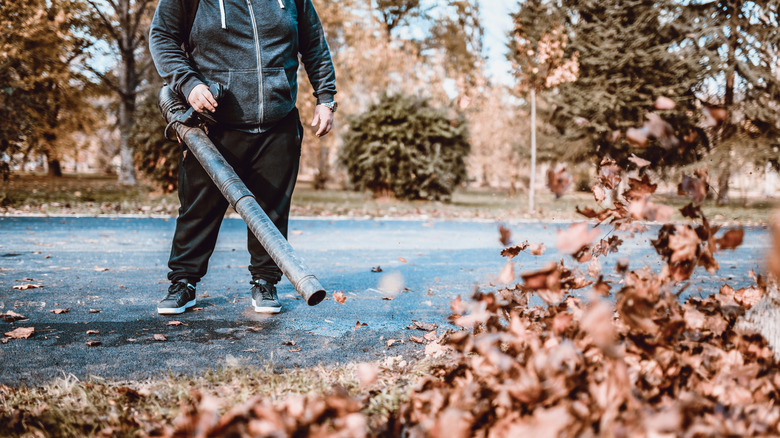 man using a gas leaf blower