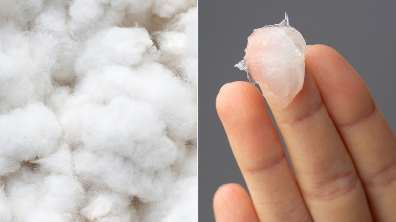 Side-by-side of cotton balls and petroleum jelly on a hand