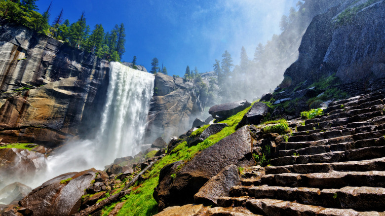 Waterfall and wide staircase next to it