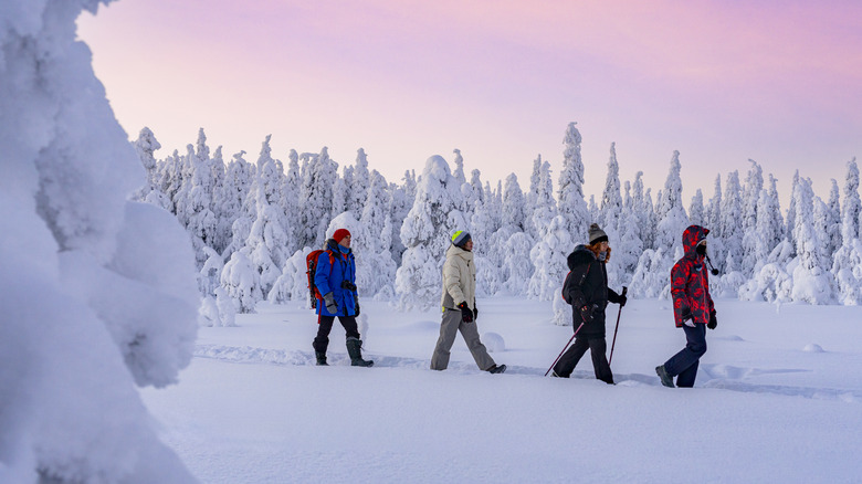 Hikers walking in line through snow