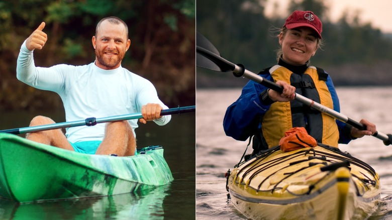 Kayaker giving thumbs up in a sit-on kayak (left); kayaker smiling in sit-in kayak (right)