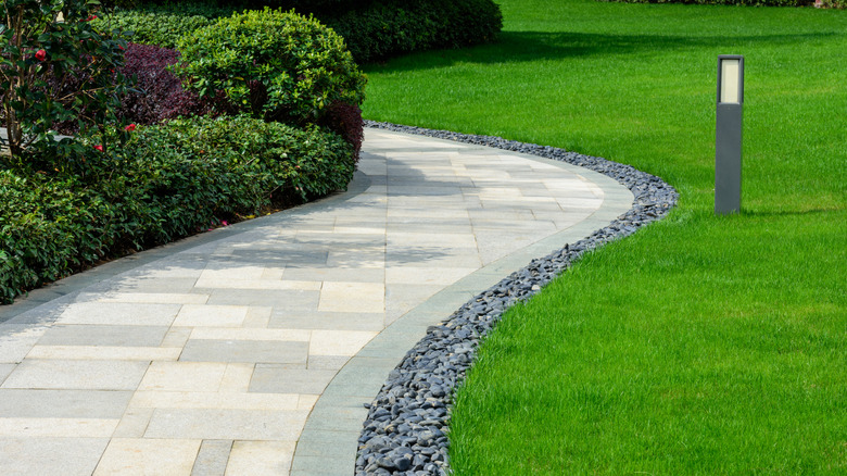 Green lawn with curve along pavement