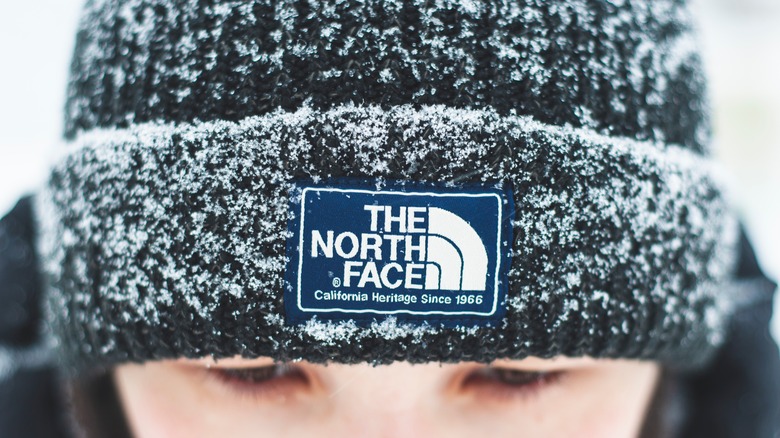 Zoom-in of snowy-covered The North Face hat on person's head