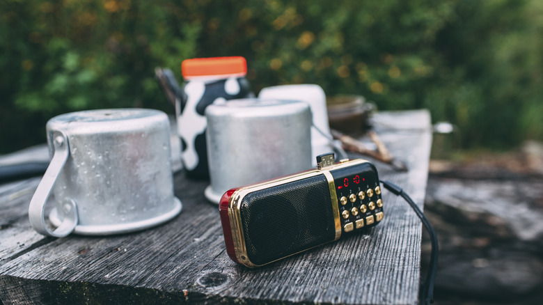 Radio on table at campsite