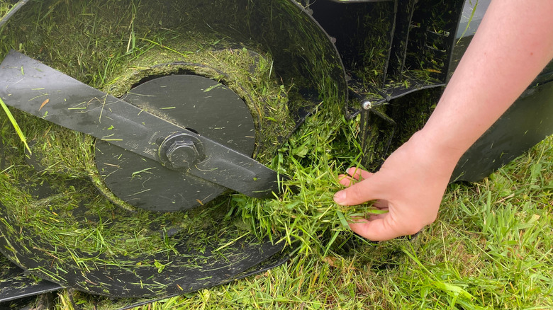 grass under lawn mower deck