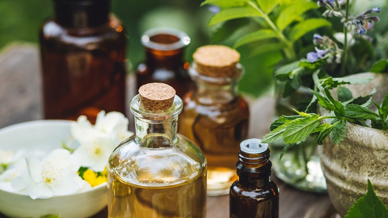 Bottles of peppermint oil next to mint leaves and flowers