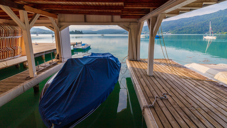 Covered boat in storage