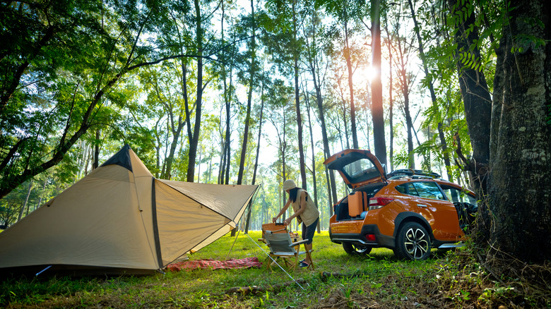 Person setting up campsite