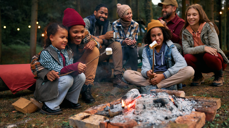 Group of people and children roasting marshmallows on campfire