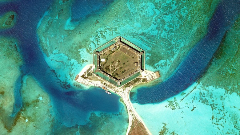 Aerial view of Fort Jefferson surrounded by water