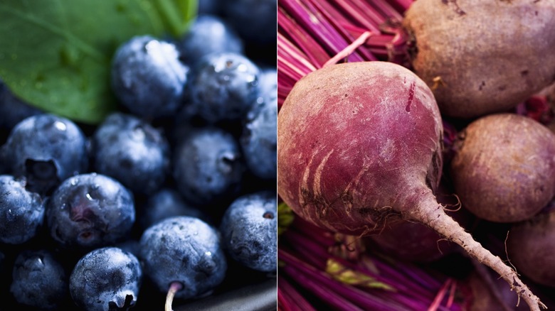 Side-by-side of blueberries and beets