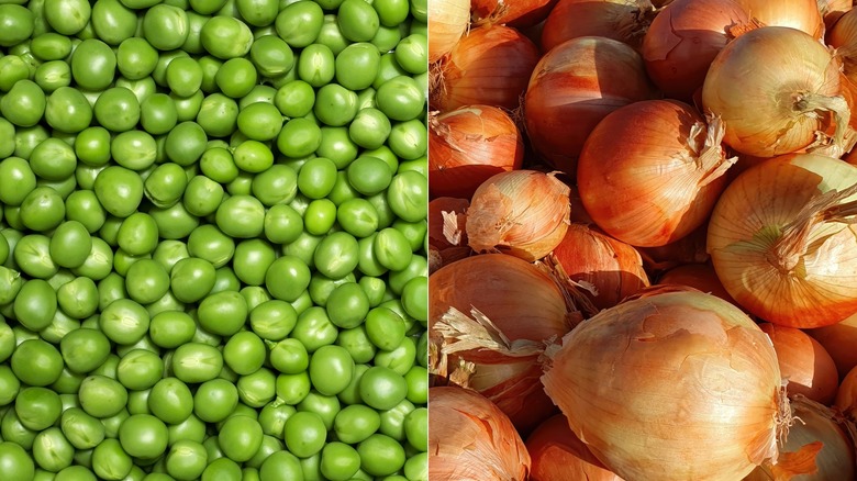 Side-by-side of peas and onions
