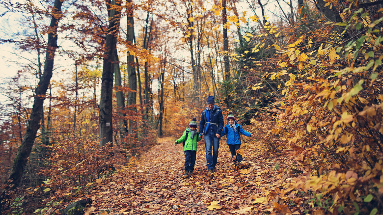 Father and two kids hiking in fall foliage