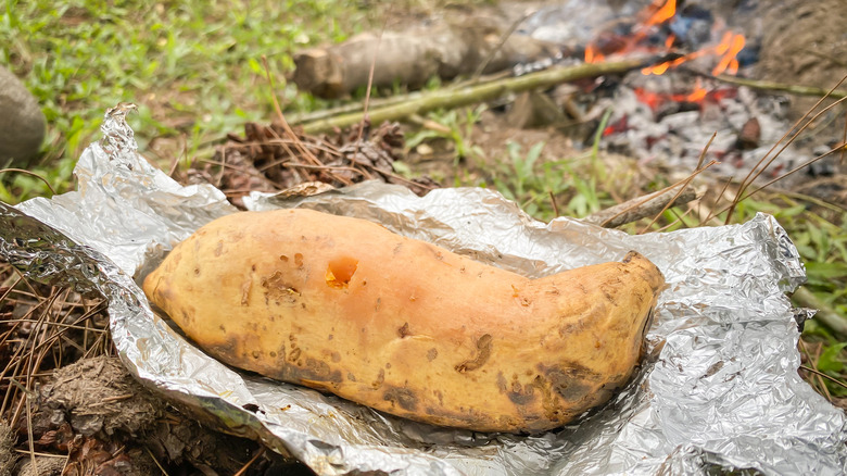 Sweet potato, fire, roasted, aluminum foil