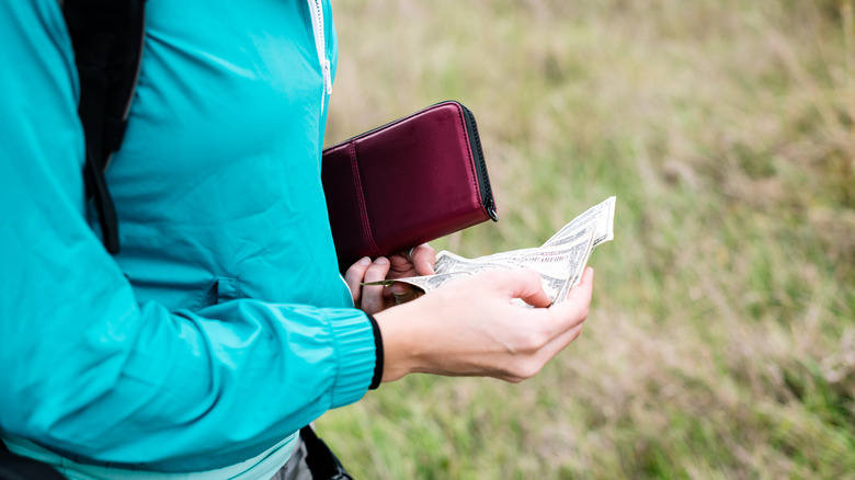 Cropped view of hands taking out cash outside