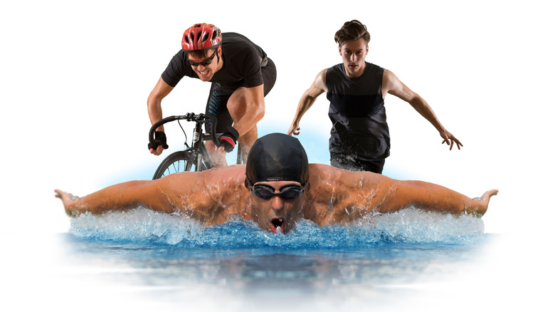 Mosaic of swimmer, biker, and runner