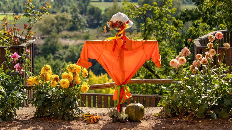 Scarecrow with orange shirt and white hat