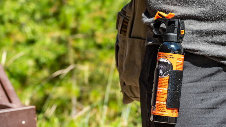 Bear spray attached to person's hip