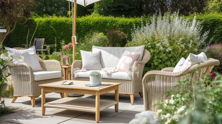 patio furniture with cushions in green garden