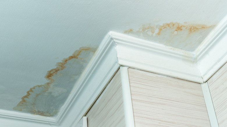 Brown stain on ceiling indicating water damage