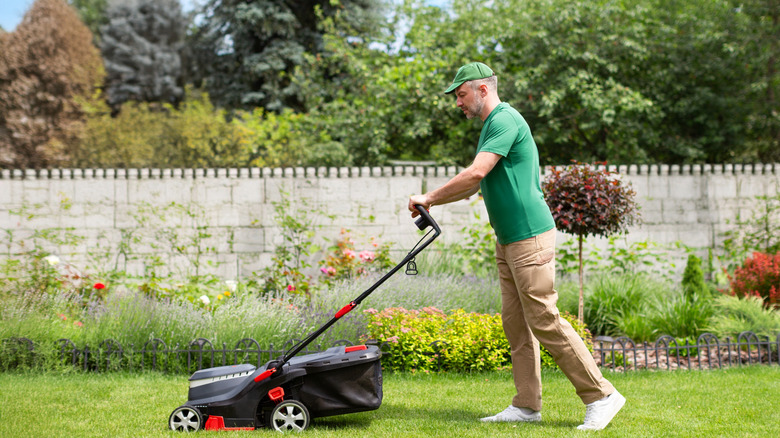 Male gardener at work mowing his lawn